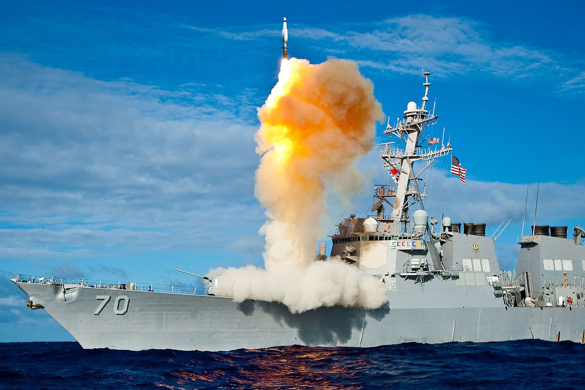 Navy destroyer firing missile